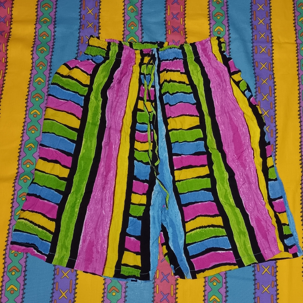 80s Ultra Silk Rayon Colorful Shorts Vintage